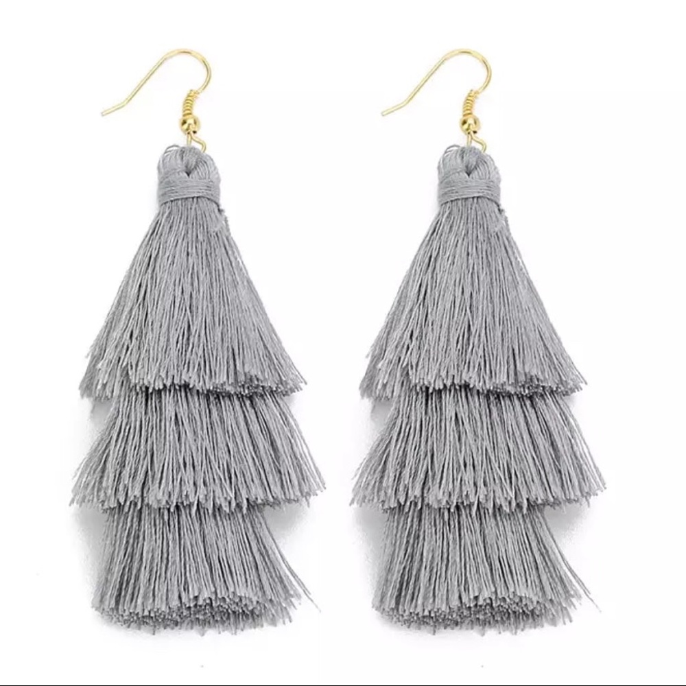 Restock 🎉 3 Tiered Gray & Gold Tassel Earrings